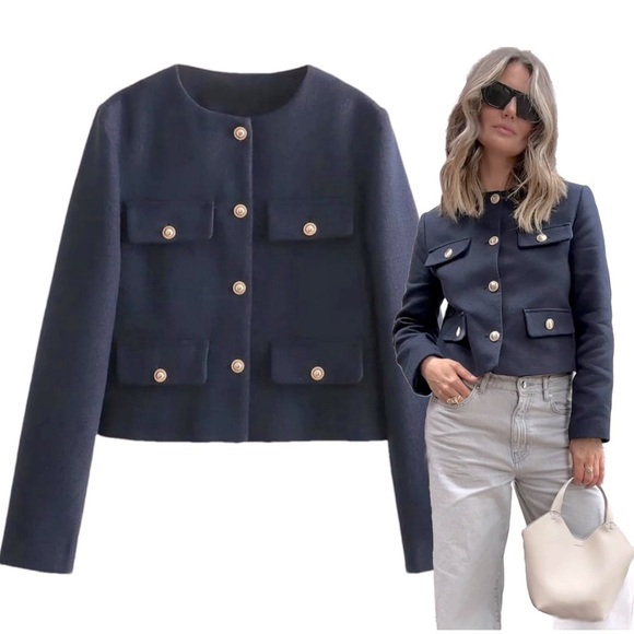 Zara Woven Knit Crochet Navy Blue Gold Button Down Cropped Flap Blazer Jacket - Picture 1 of 17